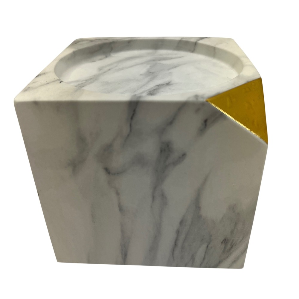 Bath & Body Works Candle Holder Pedestal Marble Tone Gold Accent Cut Out Corner